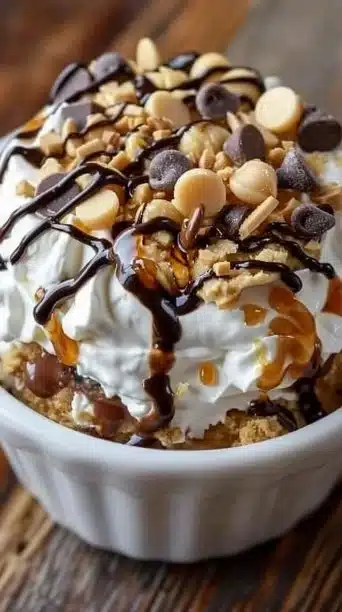 Cottage Cheese Peanut Butter Cup Bowl topped with peanut butter and chocolate chips