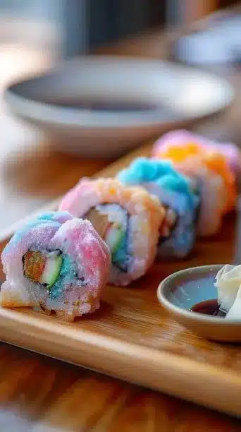 Colorful cotton candy sushi rolls displayed on a plate.