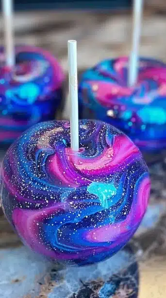 Colorful Cotton Candy Swirl Candy Apples with vibrant candy coating