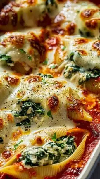 Delicious spinach and ricotta stuffed shells topped with marinara sauce