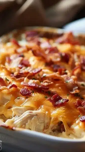 Delicious Crack Chicken Casserole topped with cheese and herbs