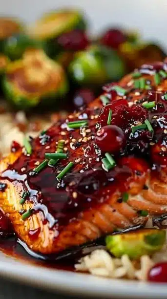 Cranberry miso glazed salmon on a festive plate garnished with herbs