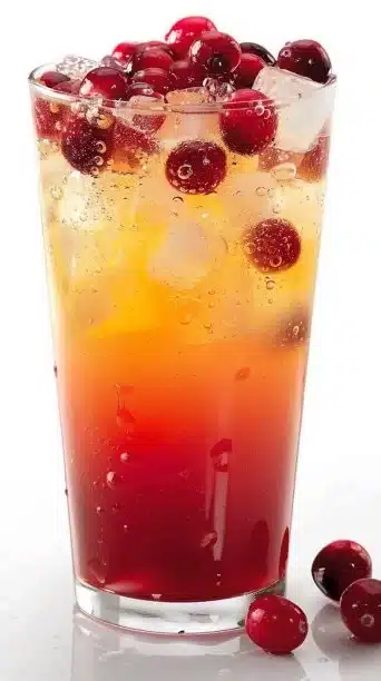 A refreshing Cranberry Sunrise drink with vibrant colors and fruits.