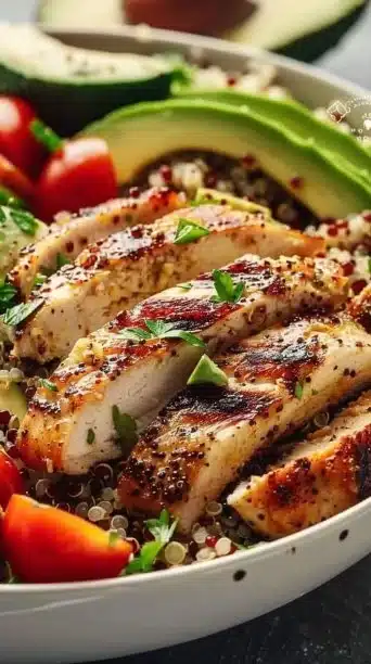 Creamy avocado chicken quinoa bowl topped with fresh ingredients