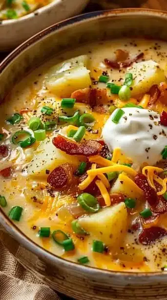 Bowl of creamy bacon chowder garnished with herbs and crispy bacon bits.