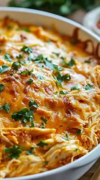 Creamy buffalo chicken casserole topped with cheese and herbs in a baking dish