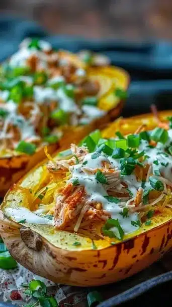 Creamy Buffalo Chicken Spaghetti Squash Bowls