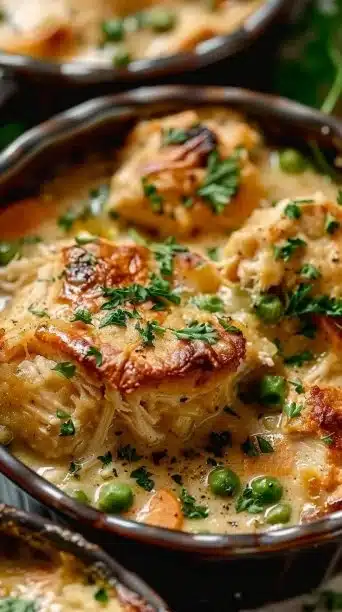 Creamy chicken pot pie with vegetables and flaky crust