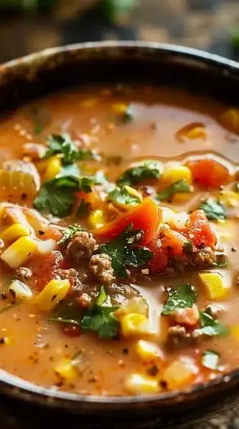Delicious creamy cowboy soup served in a bowl with fresh herbs and ingredients