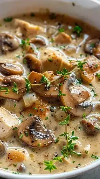 Bowl of creamy mushroom chicken and wild rice soup topped with fresh herbs