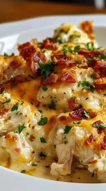 Creamy Neiman Marcus Chicken Casserole dish topped with herbs