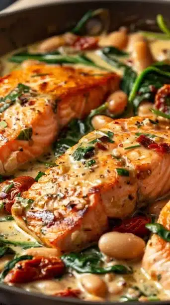 Creamy one-pan salmon dish with beans for a wholesome dinner
