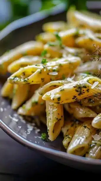 Creamy pesto sauce pasta in a bowl, garnished with pine nuts and basil.