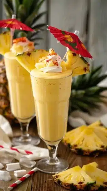 Deliciously creamy Pina Colada milkshake topped with whipped cream and a cherry
