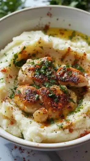 Creamy ranch chicken served with cauliflower mash on a plate