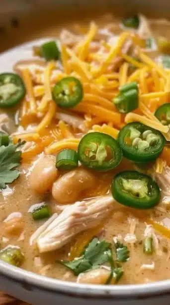 Creamy slow cooker white chicken chili in a bowl garnished with cilantro