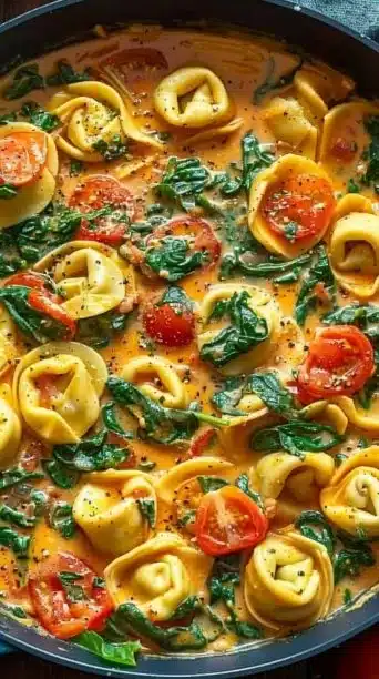 Creamy spinach tomato tortellini served in a bowl, garnished with fresh herbs.