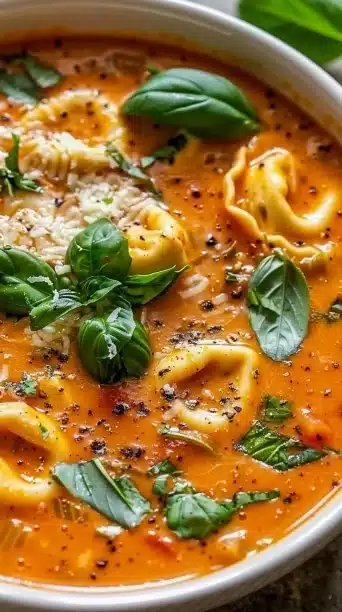 Bowl of creamy tomato basil soup garnished with fresh basil leaves