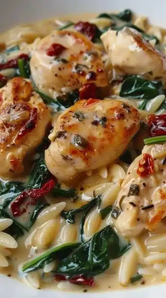 Creamy Tuscan Chicken Orzo dish served in a bowl with herbs and vegetables