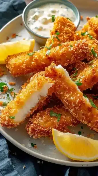 Crispy baked fish sticks with tartar sauce on a plate