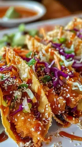 Crispy chicken wonton tacos topped with fresh ingredients