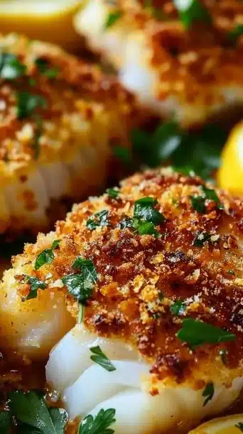 Crispy garlic lemon cod served on a plate with garnishes