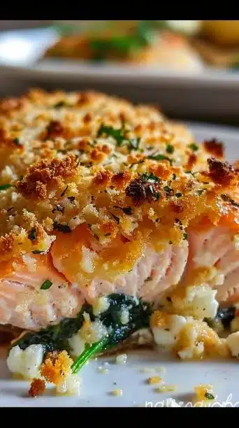 Crispy Parmesan crusted baked salmon on a white plate with lemon.