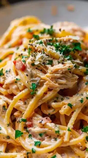 Crock Pot Cheesy Chicken Spaghetti topped with cheese and herbs