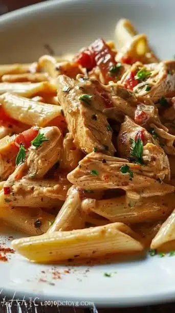 Crock Pot Creamy Cajun Chicken Pasta with spices and herbs