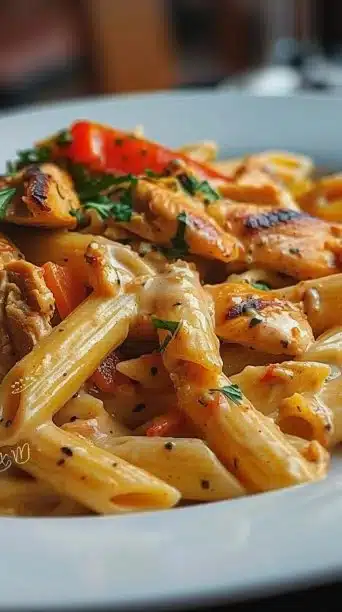 Creamy Cajun Chicken Pasta cooked in a crock pot with vibrant spices and flavors