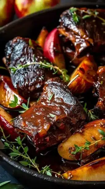 Delicious crockpot apple cider braised short ribs served with vegetables.
