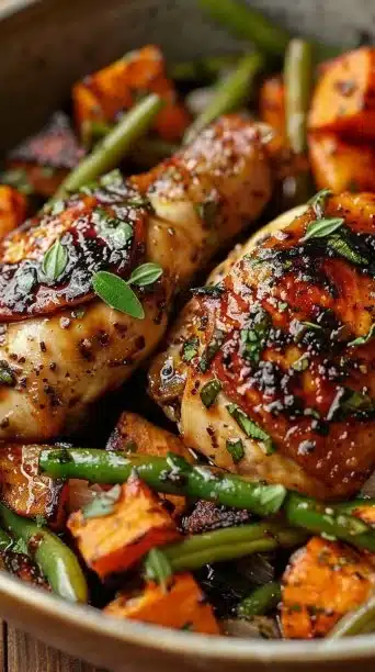 Delicious crockpot balsamic chicken with vegetables in a rustic setting