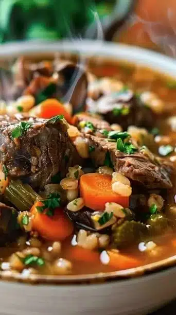 Crockpot beef barley soup with mushrooms in a bowl, garnished with herbs.