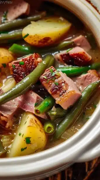 Crockpot Beef Dinner with ham, green beans, and potatoes ready to serve