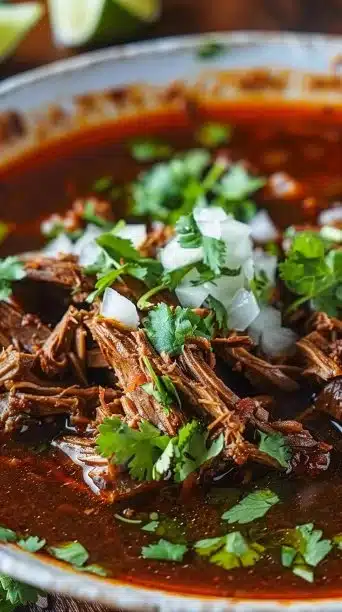 A delicious bowl of Crockpot Birria with tender meat and flavorful broth.