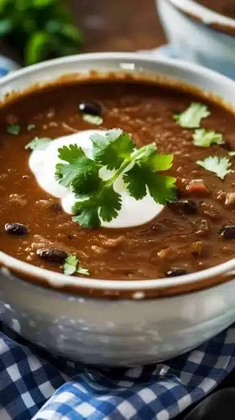 Crockpot black bean soup in a bowl, garnished with cilantro and lime