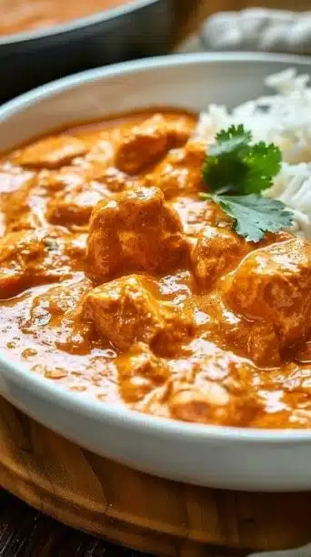 Crockpot Butter Chicken served in a bowl garnished with herbs