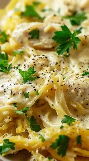 Crockpot Chicken Alfredo Spaghetti Squash served on a plate with fresh basil.