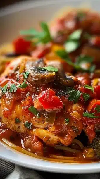 Delicious Crockpot Chicken Cacciatore served with fresh herbs