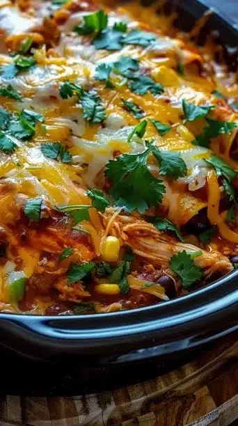 Delicious Crockpot Chicken Enchilada Casserole garnished with fresh cilantro
