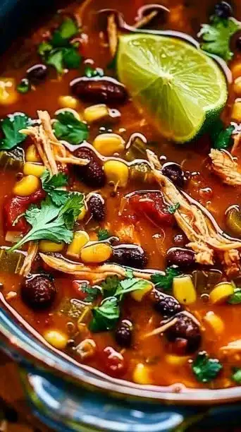 Delicious Crockpot Chicken Enchilada Soup served in a bowl