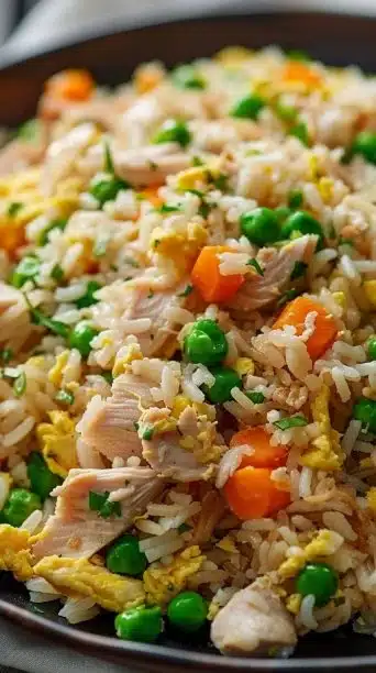 Crockpot Chicken Fried Rice served in a bowl with fresh vegetables