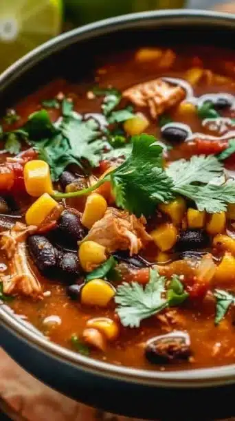 Crockpot Chicken Taco Soup in a bowl garnished with cilantro and lime