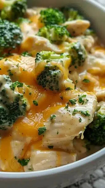 Crockpot Creamy Broccoli Cheddar Chicken dish served in a bowl.