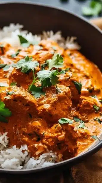 Crockpot creamy coconut chicken tikka masala served in a bowl