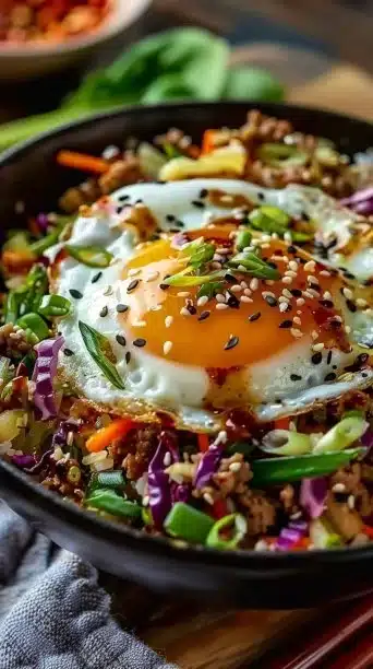 Crockpot Egg Roll Bowl topped with green onions in a serving dish