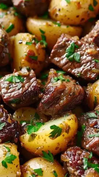 Crockpot Garlic Butter Beef Bites served with potatoes in a rustic dish