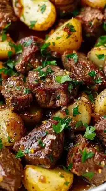 Crockpot Garlic Butter Beef Bites With Potatoes