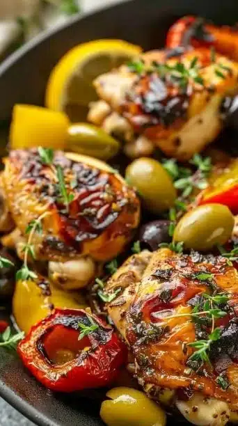 Crockpot Greek Chicken and Veggies served on a plate with herbs