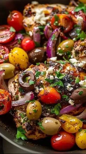 Crockpot Greek Chicken with Feta and Olives served in a bowl